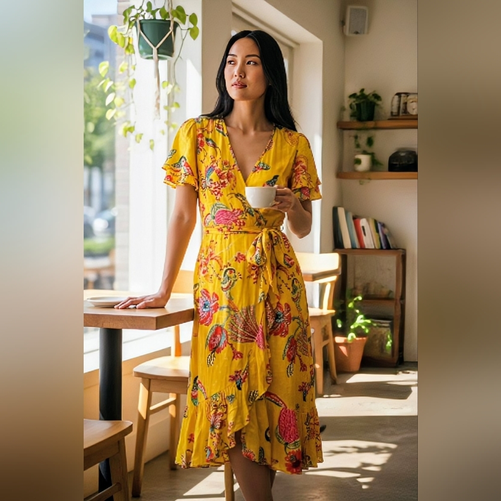 Banjanan Yellow Ruffled Wrap Midi Dress